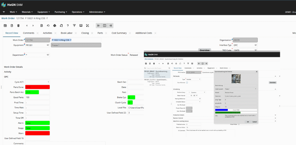 EAM and operational interface screen used for issue review