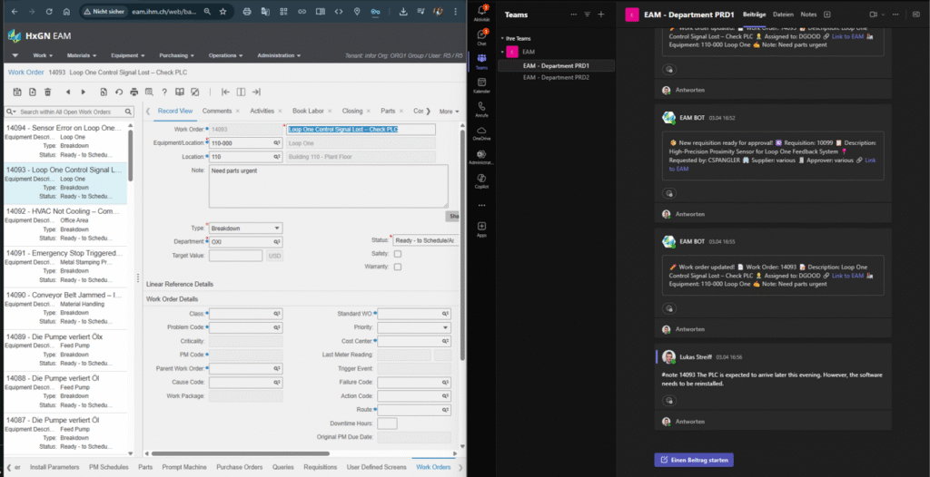 EAM workflow connected with Microsoft Teams notifications