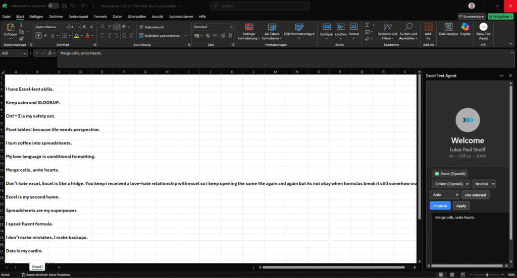 Excel workflow with automation and assistant context